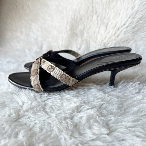 Gucci GG Monogram Canvas Suede Kitten Heels Sandals Size 7.5 Brown Beige - Picture 3 of 14